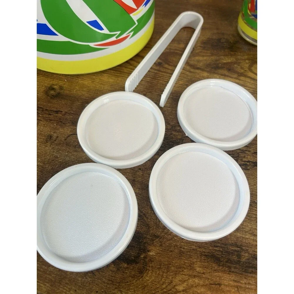 Vintage Sailboat Ice Bucket Set 4 Tumblers Coasters Tongs Primary Colors Taiwan